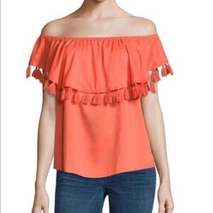 BoHo Style off the shoulder ANA tassel top in coral orange Sz Medium